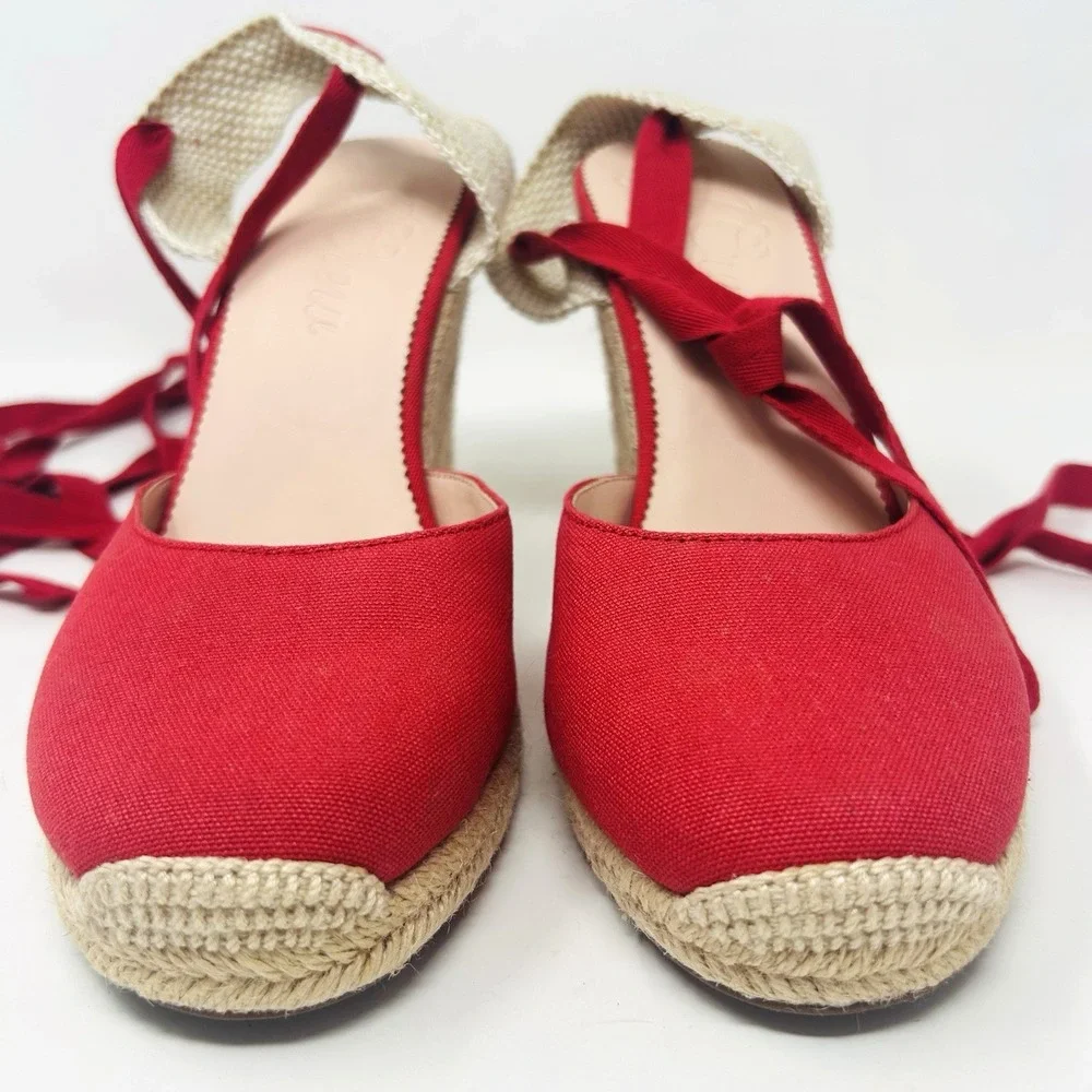 J Crew Espadrille Wedge Heels Size 10 Red Ankle Bow Ties AY315 Canvas Closed Toe